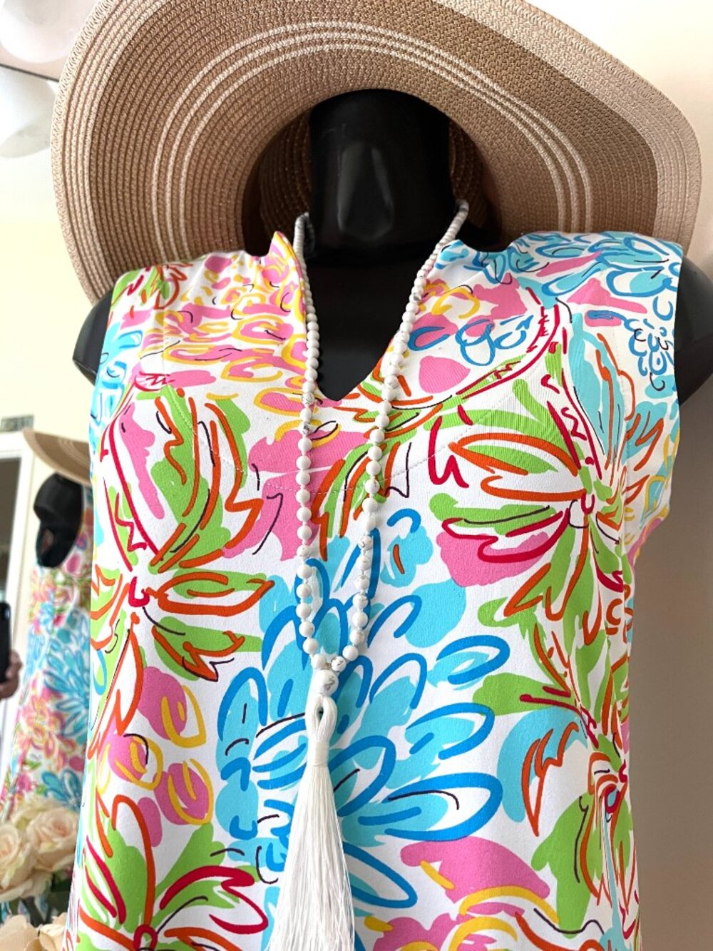 BARBARA GERWIT Dress MEDIUM pink/blue sleeveless Floral Sun Dress Stretch - Picture 8 of 8